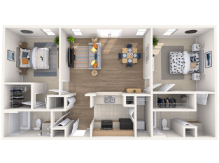 A 3D floor plan of a small apartment with a living room, kitchen, and two bedrooms.